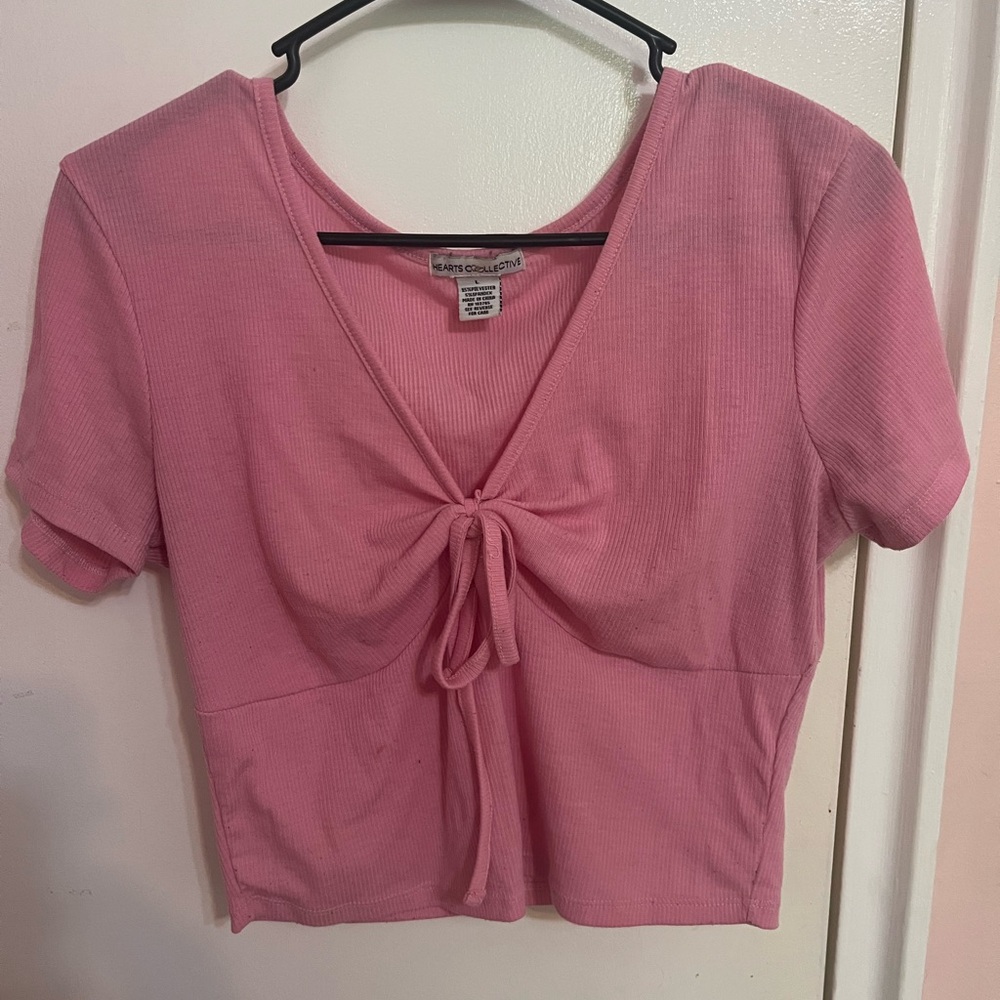 Pink Ribbed Tie-Front Top